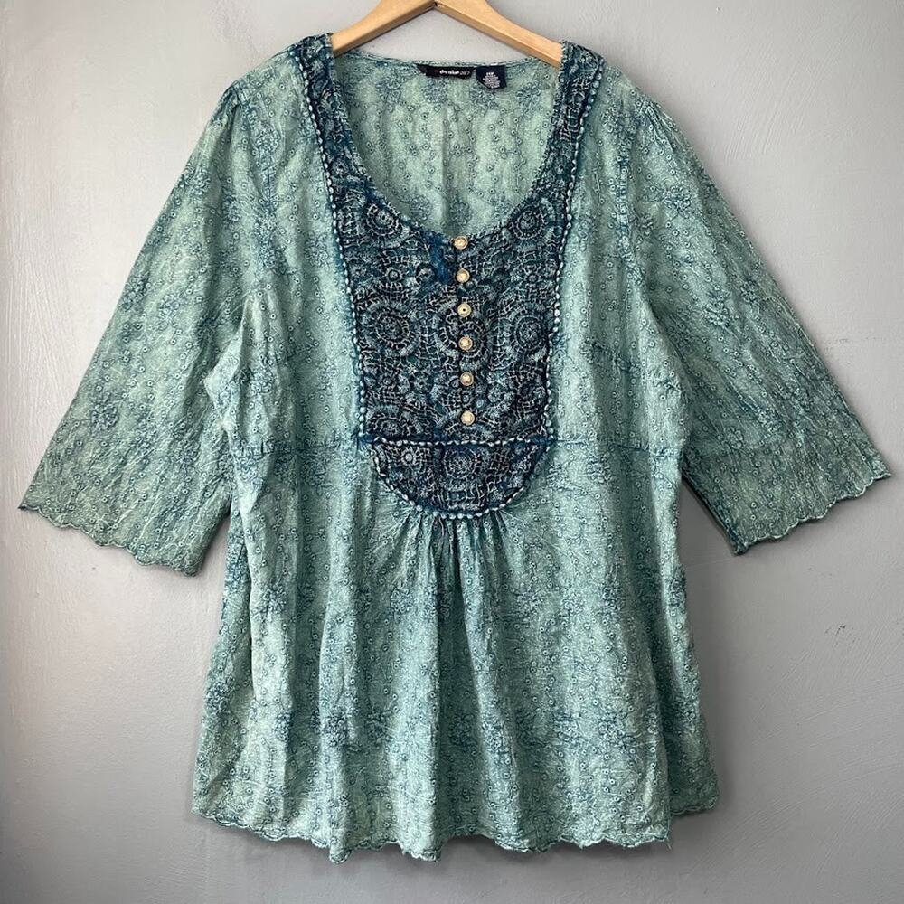Boho Grunge Plus Size 24W Teal Embroidered Peasant Top Fairy Romantic Crochet